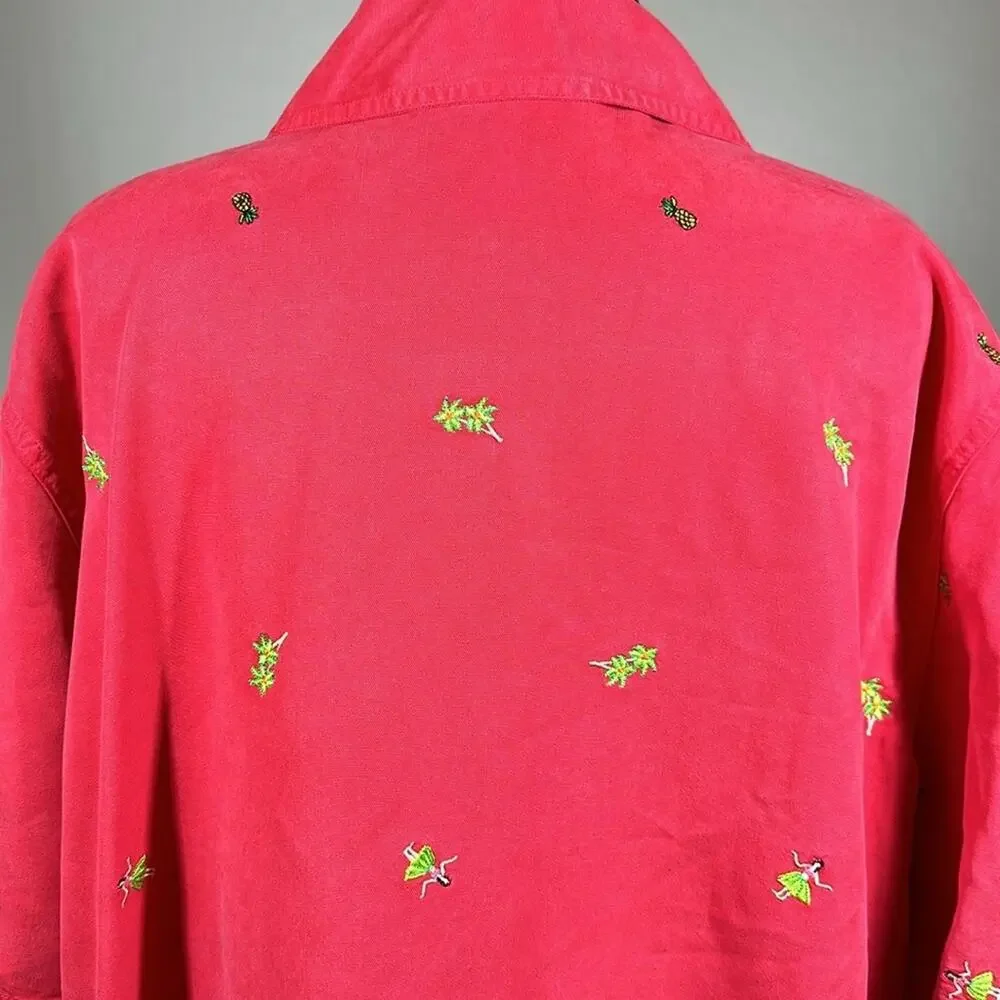 Amy K Su Embroidered Button Up Shirt Tropical Pineapples Hula Girls Red Size 2X